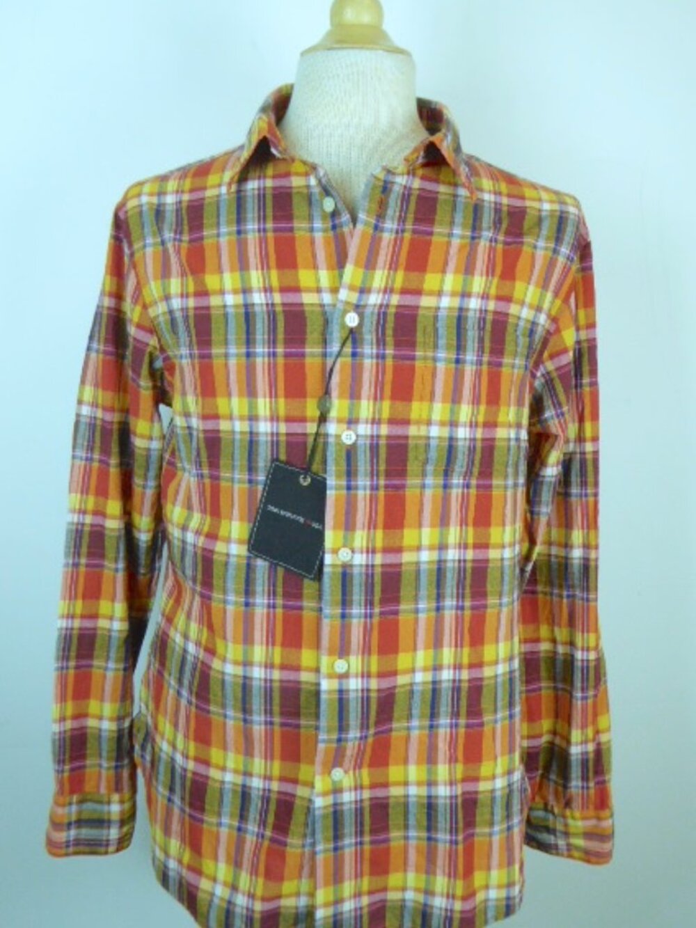 JOHN VARVATOS COTTON red gold blue Madras plaid shirt long sleeve classic NWT